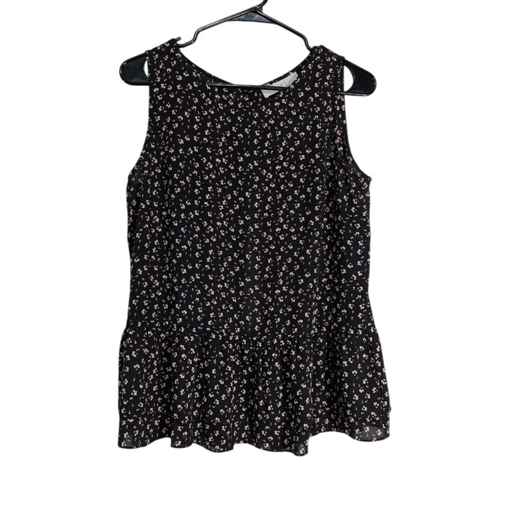 44 Loft Black Floral Peplum Blouse Sleeveless Button Back Top Size M